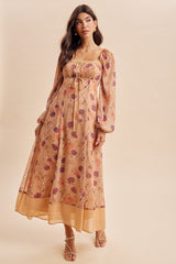 Sand Beige Floral Mesh Front Tie Maxi Dress