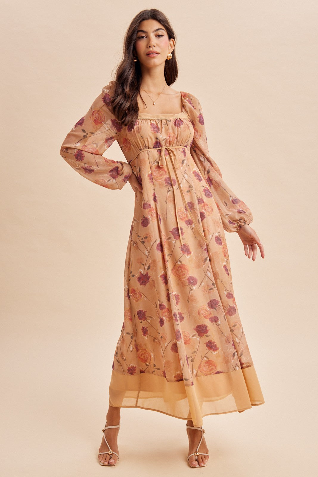 Sand Beige Floral Mesh Front Tie Maxi Dress