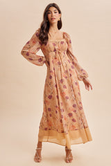 Sand Beige Floral Mesh Front Tie Maxi Dress