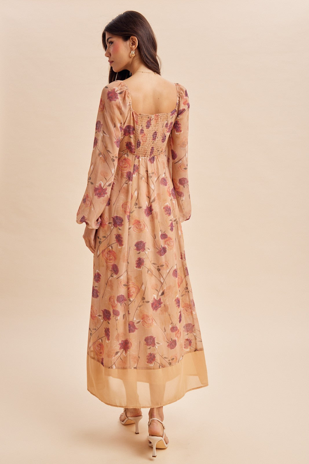 Sand Beige Floral Mesh Front Tie Maxi Dress