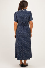 Navy Floral Button Down Tie Waist Maternity Midi Dress