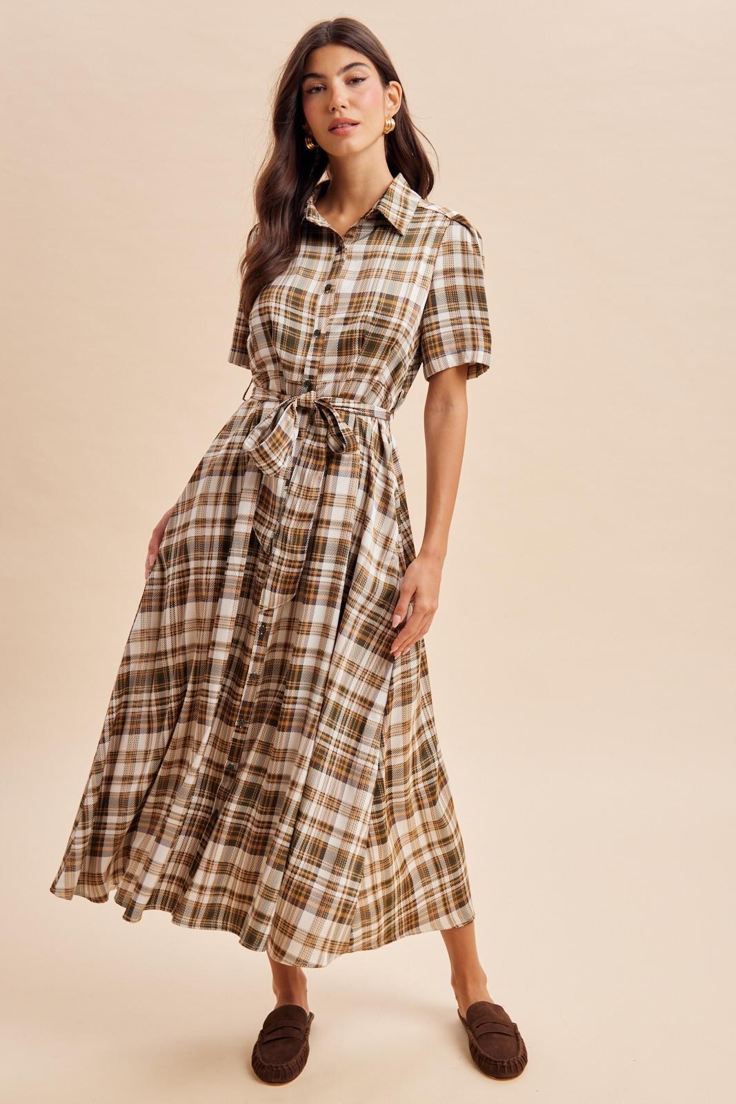 Dark Olive Plaid Button Down Midi Dress
