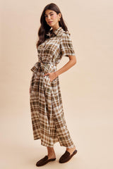 Dark Olive Plaid Button Down Midi Dress