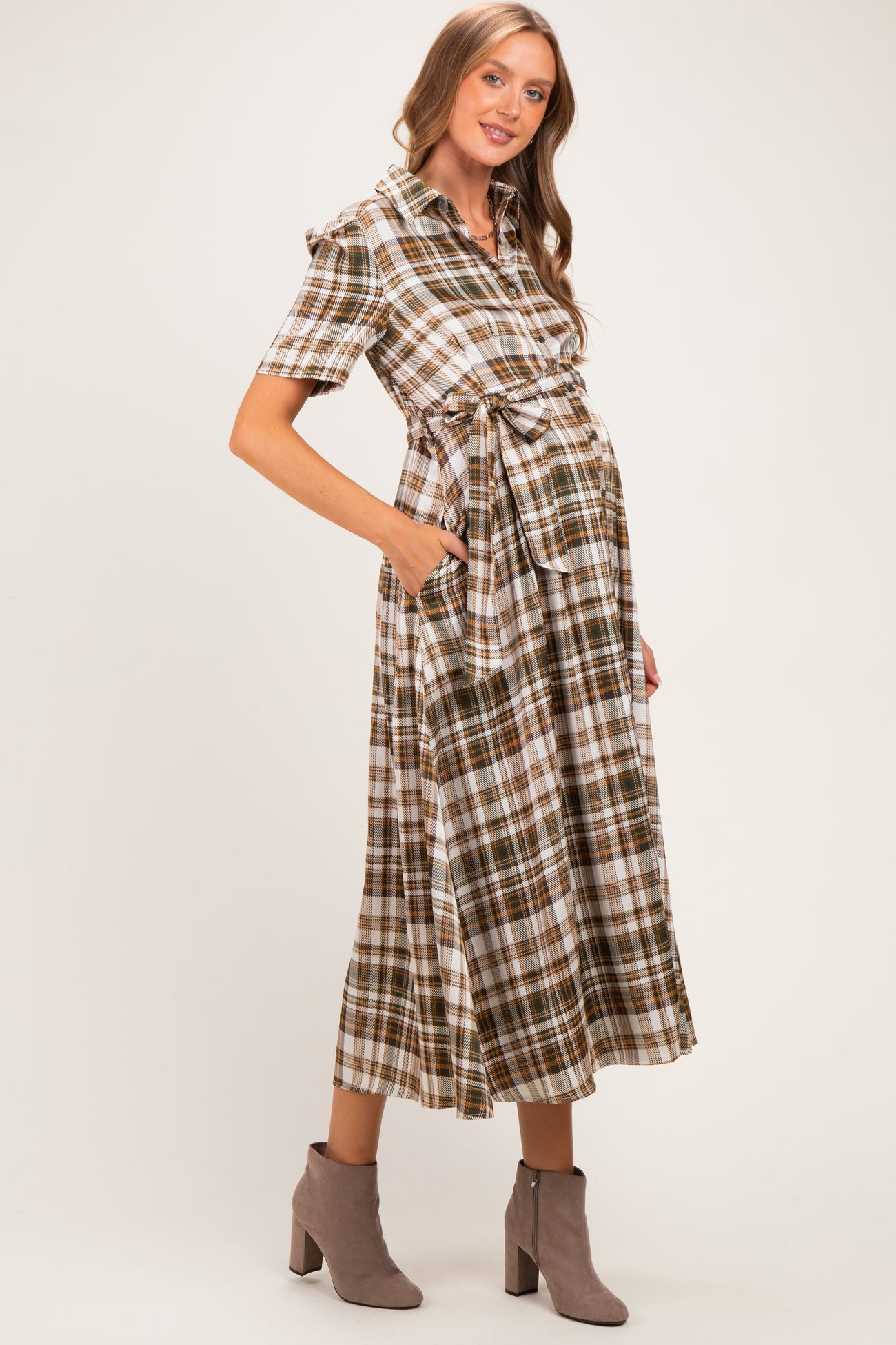 Dark Olive Plaid Button Down Maternity Midi Dress