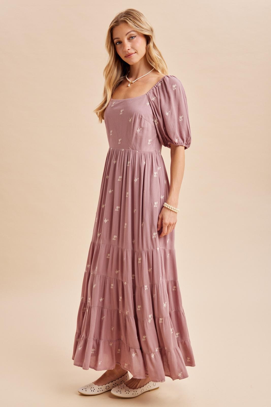 Mauve Embroidered Tiered Maxi Dress – PinkBlush