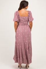 Mauve Embroidered Tiered Maternity Maxi Dress