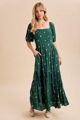 Forest Green Embroidered Tiered Maxi Dress