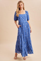 Blue Embroidered Tiered Maxi Dress