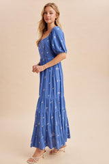 Blue Embroidered Tiered Maxi Dress