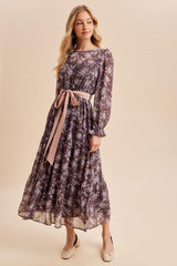 Brown Floral Sash Tiered Maternity Maxi Dress