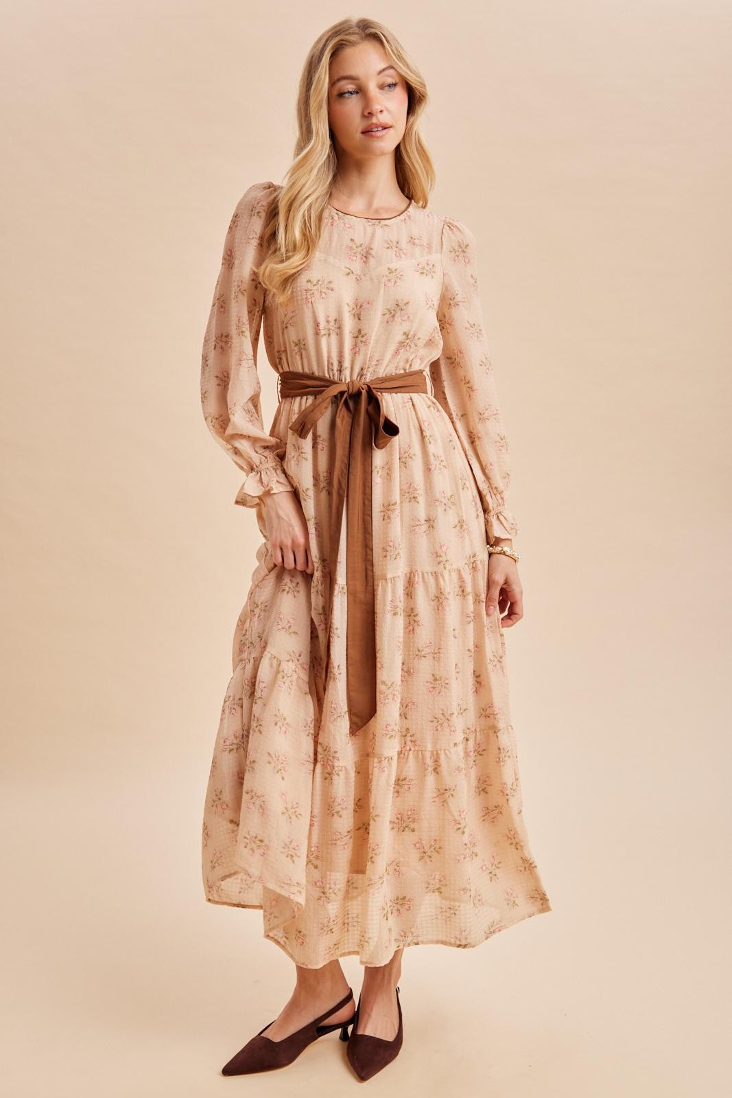 Dusty Peach Floral Sash Tiered Maxi Dress