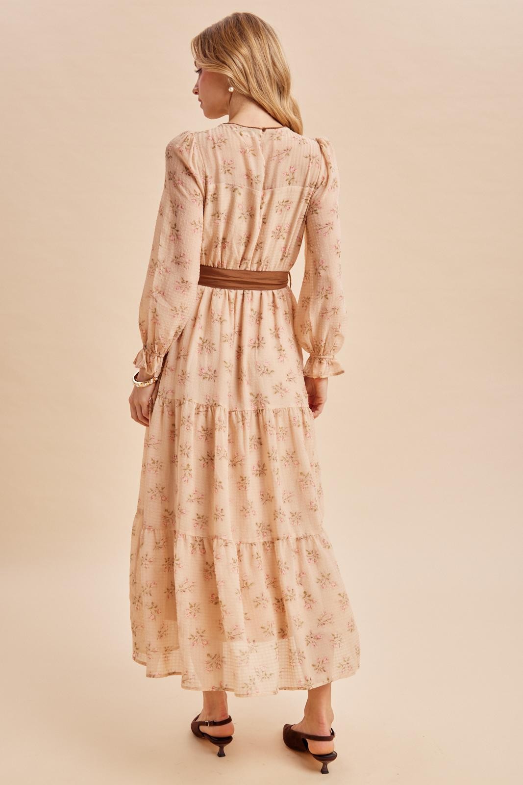 Dusty Peach Floral Sash Tiered Maxi Dress