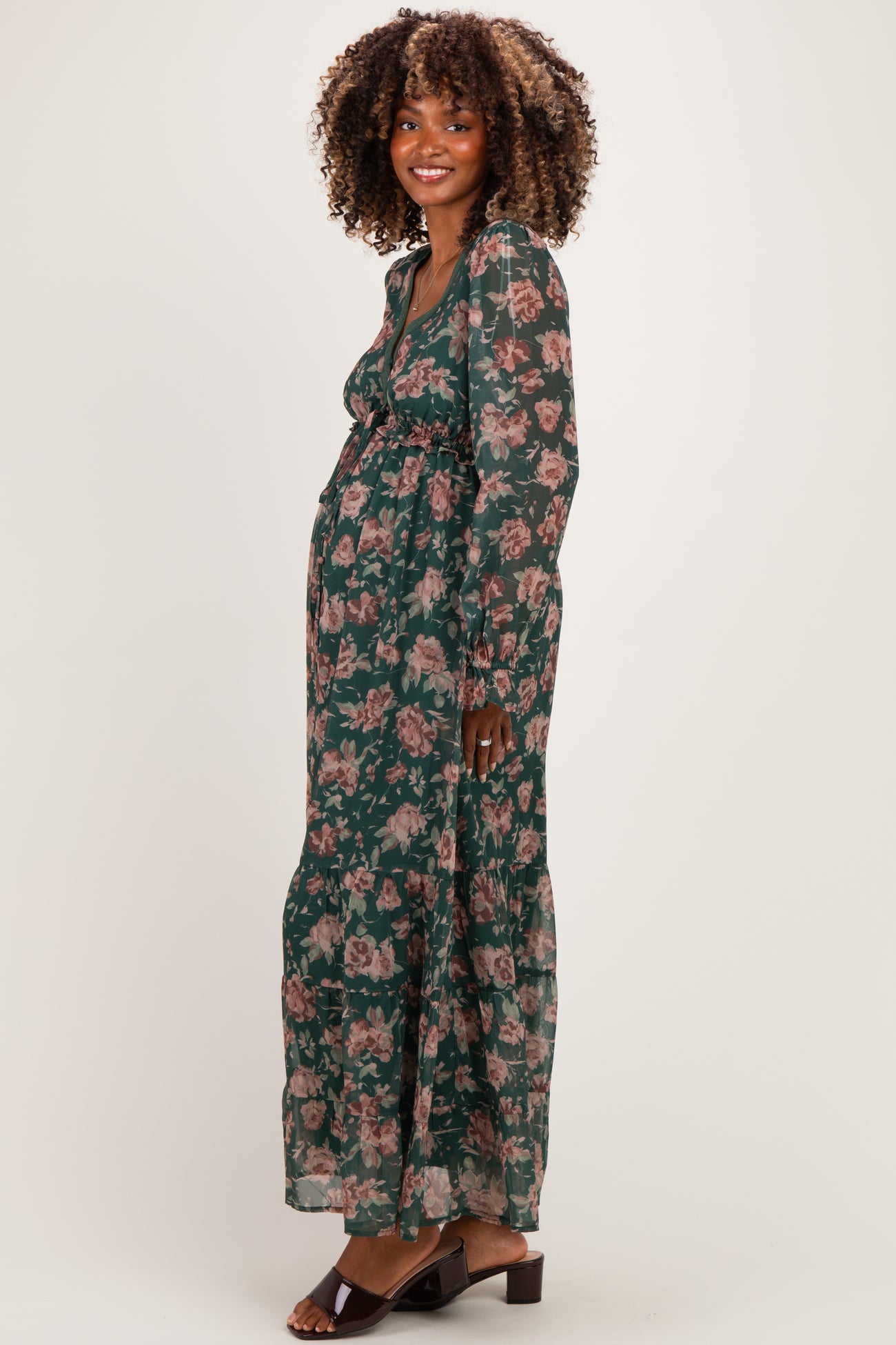 Eucalyptus Floral Chiffon Button Down Maternity Maxi Dress