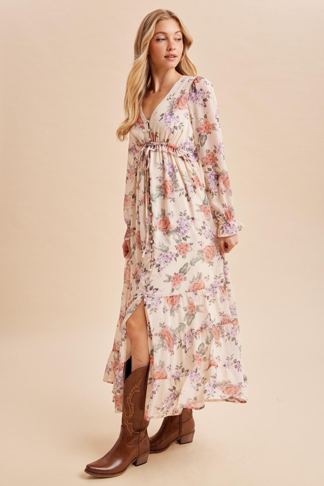 Cloud Floral Chiffon Button Down Maxi Dress
