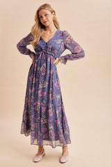 Plum Floral Chiffon Button Down Maxi Dress