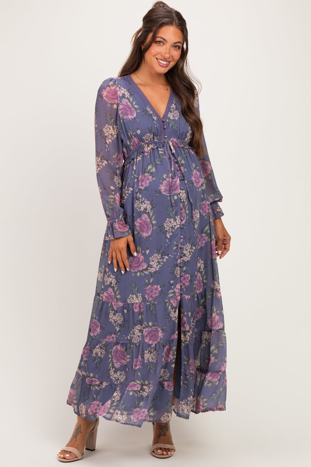 Plum Floral Chiffon Button Down Maternity Maxi Dress