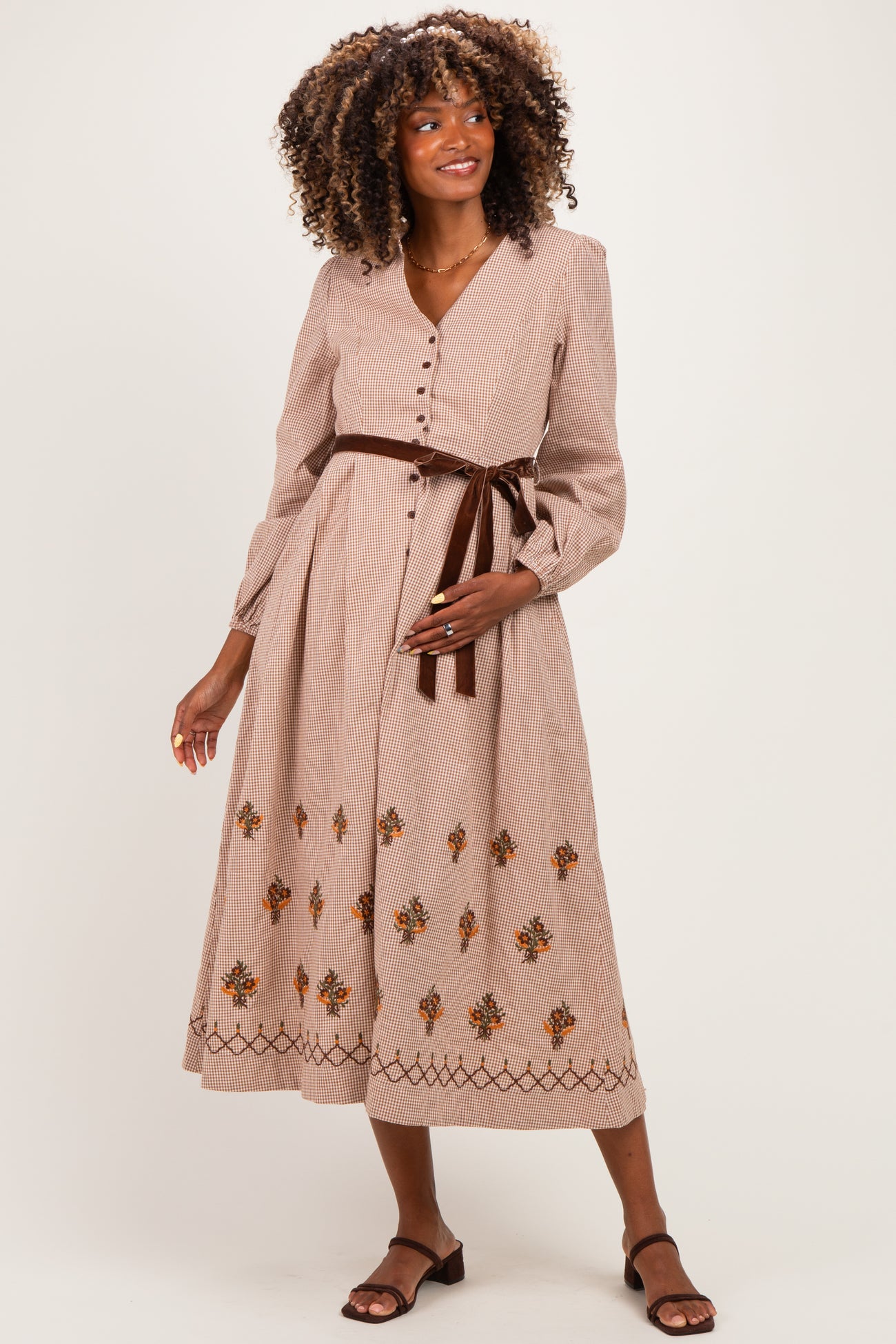 Sepia Button Down Embroidered Plaid Maternity Midi Dress