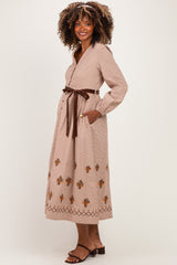 Sepia Button Down Embroidered Plaid Maternity Midi Dress