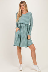 Sage/ Off White Striped Long Sleeve Nursing Dress