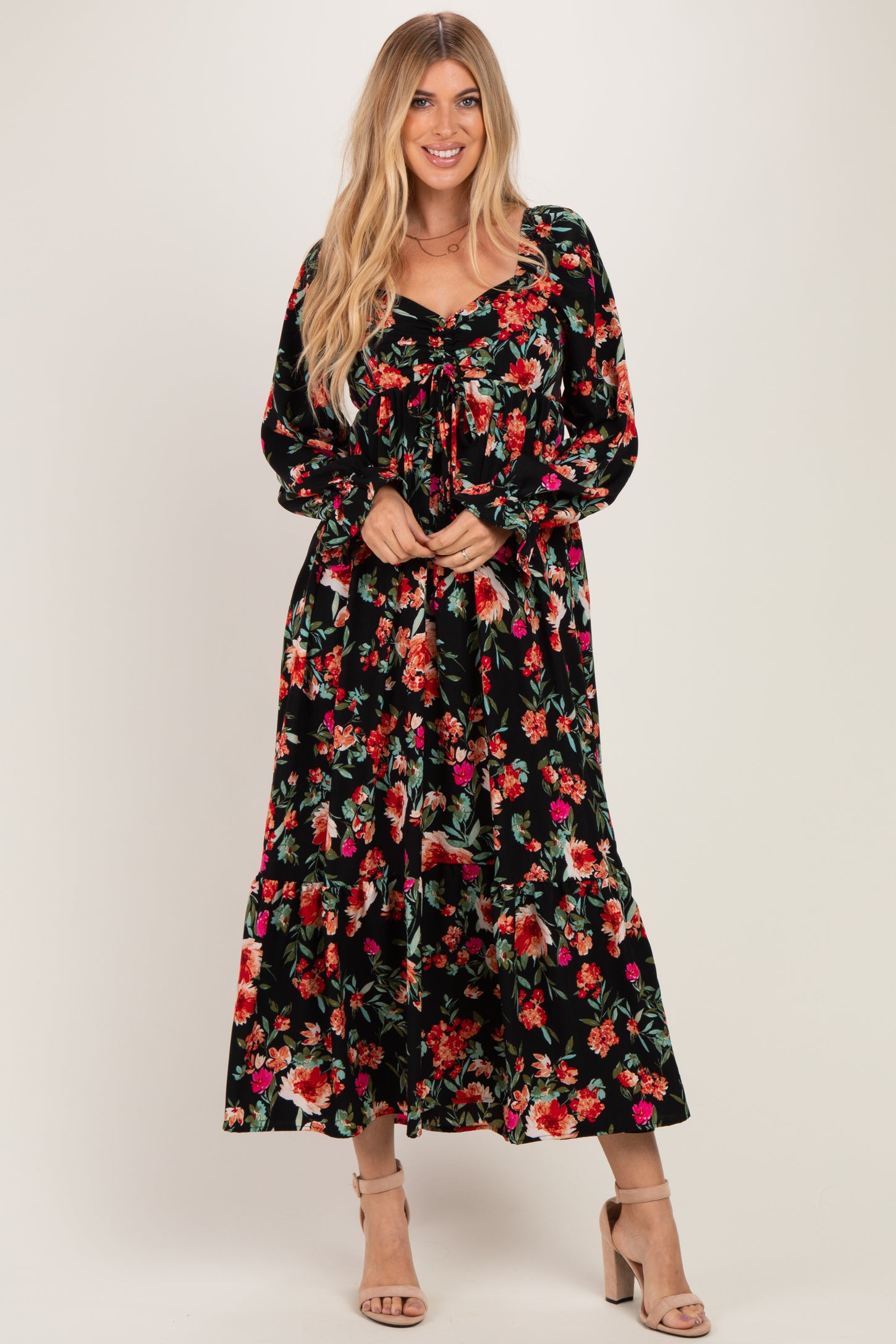 Black Floral Long Sleeve Maternity Maxi Dress