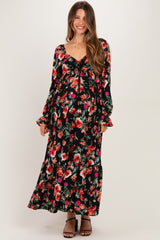 Black Floral Long Sleeve Maternity Maxi Dress