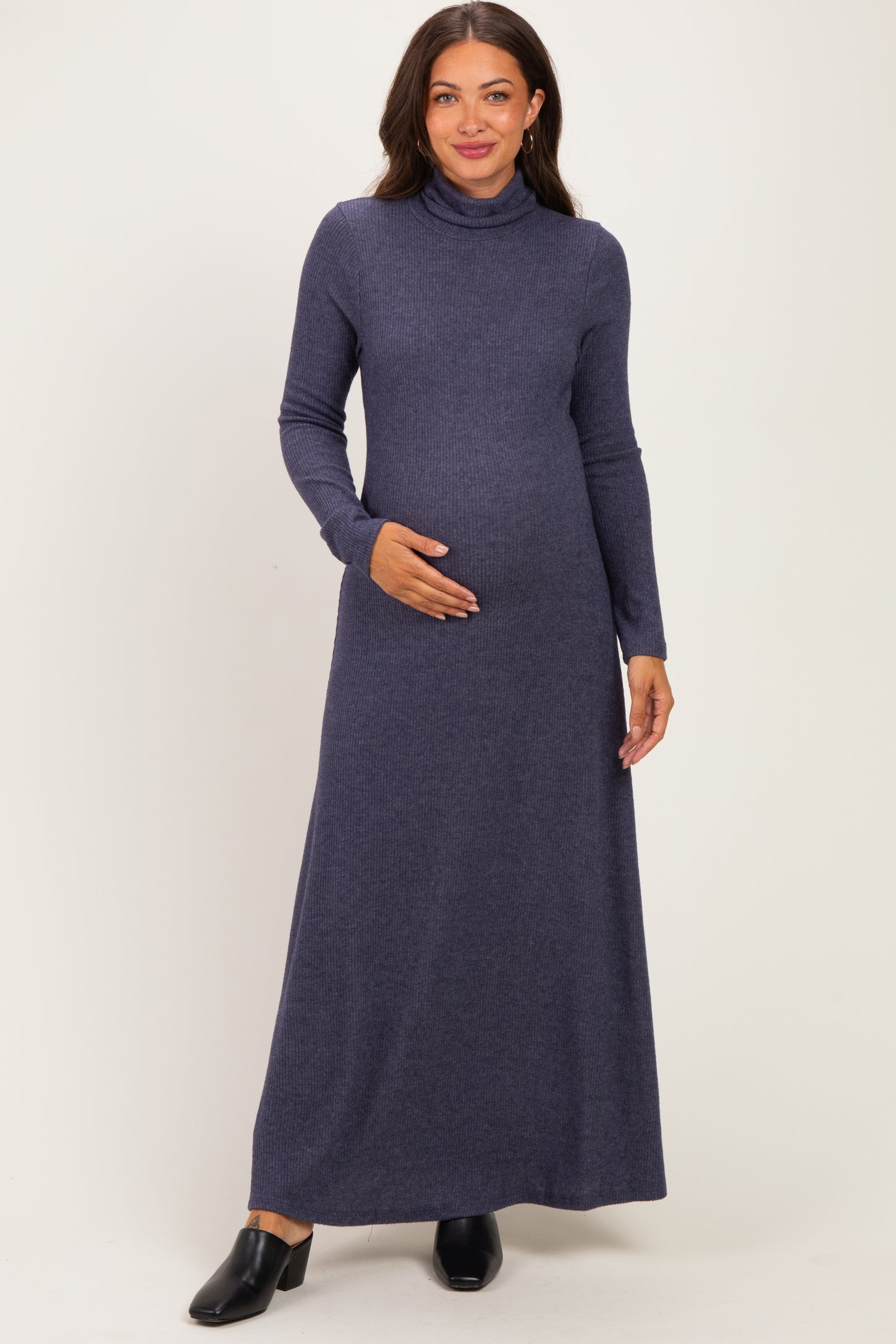 Navy Turtleneck Long Sleeve Maternity Maxi Dress