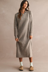 Mocha Ribbed Knit Half-Zip Midi Sweater Dress
