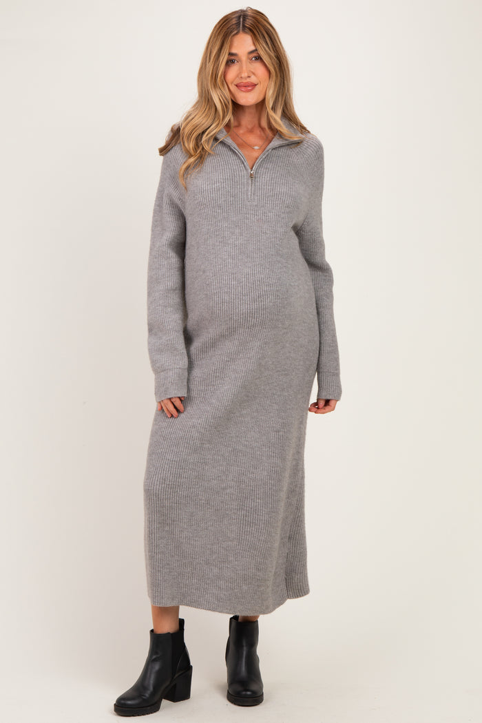 Grey Ribbed Knit Half-Zip Maternity Midi Sweater Dress