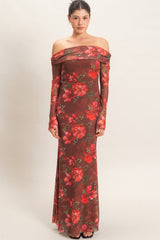 Brown Off Shoulder Floral Mesh Maxi Dress