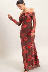 Brown Off Shoulder Floral Mesh Maxi Dress