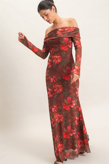 Brown Off Shoulder Floral Mesh Maxi Dress