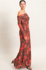Brown Off Shoulder Floral Mesh Maxi Dress