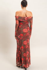 Brown Off Shoulder Floral Mesh Maxi Dress