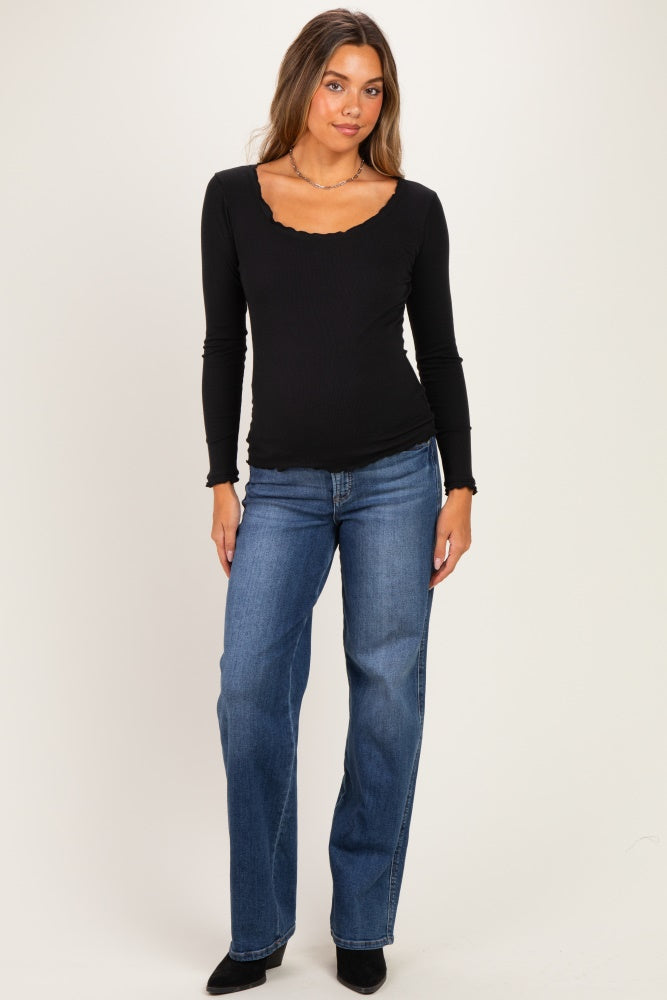 Black Lettuce Hem Fitted Long Sleeve Maternity Top