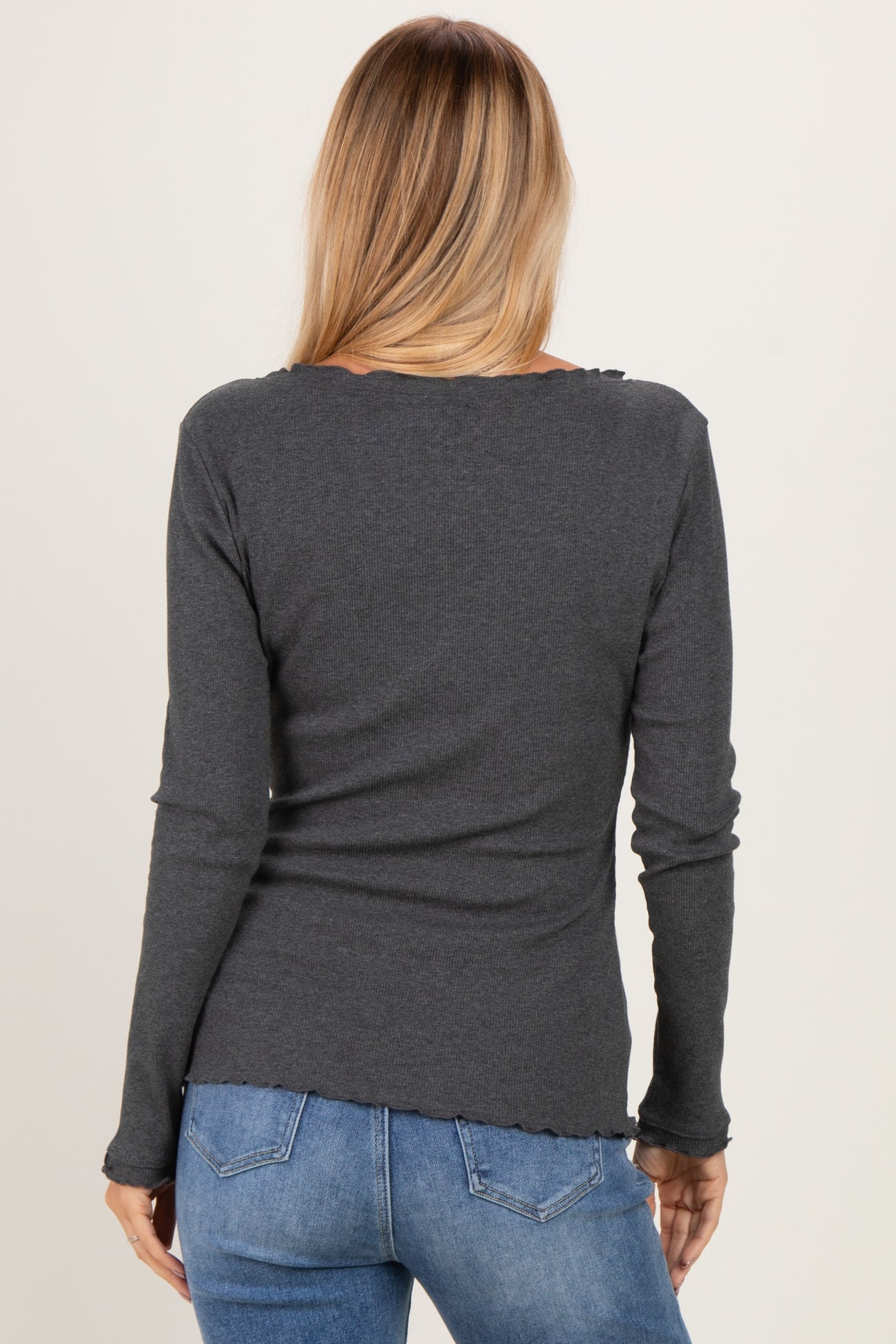 Charcoal Lettuce Hem Fitted Long Sleeve Top