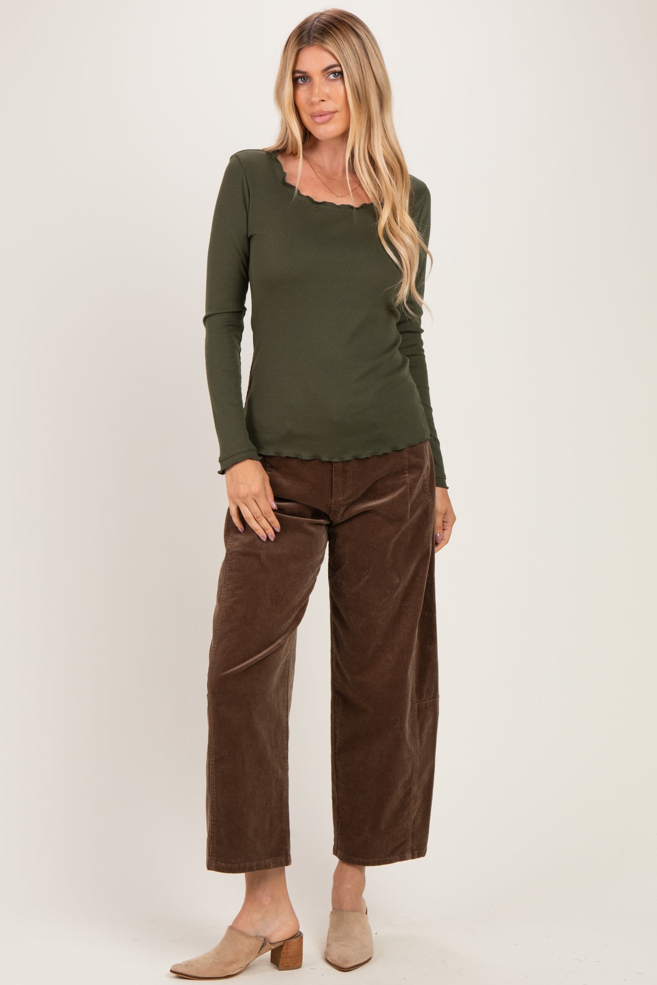 Olive Lettuce Hem Fitted Long Sleeve Top