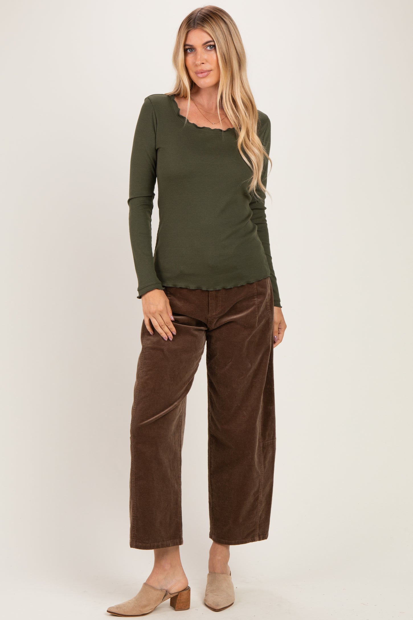 Olive Lettuce Hem Fitted Long Sleeve Top
