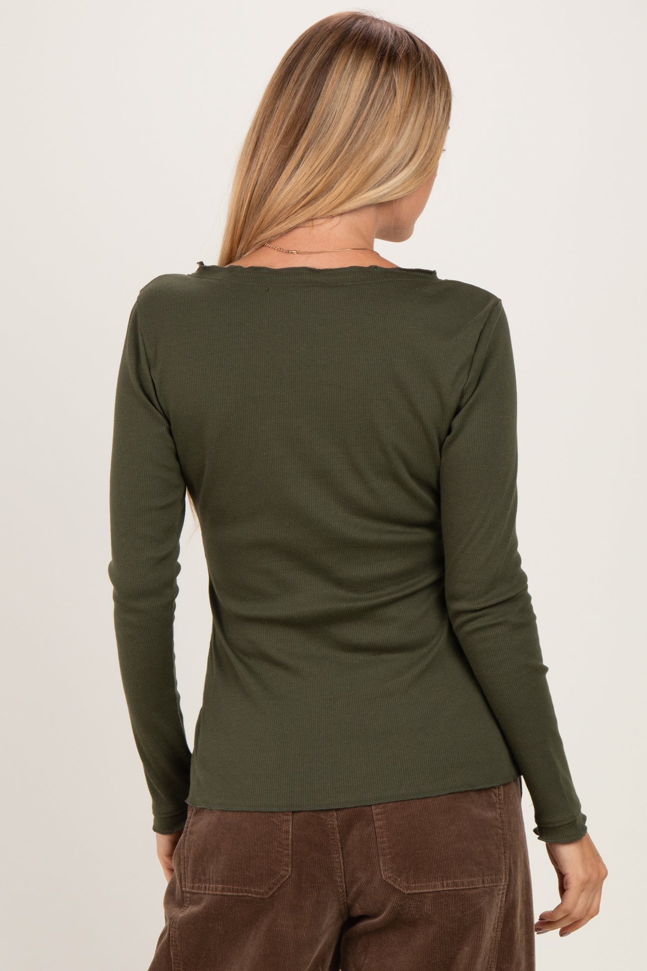 Olive Lettuce Hem Fitted Long Sleeve Top