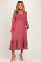 Mauve Smocked Top Long Sleeve Ruffle Hem Maternity Midi Dress