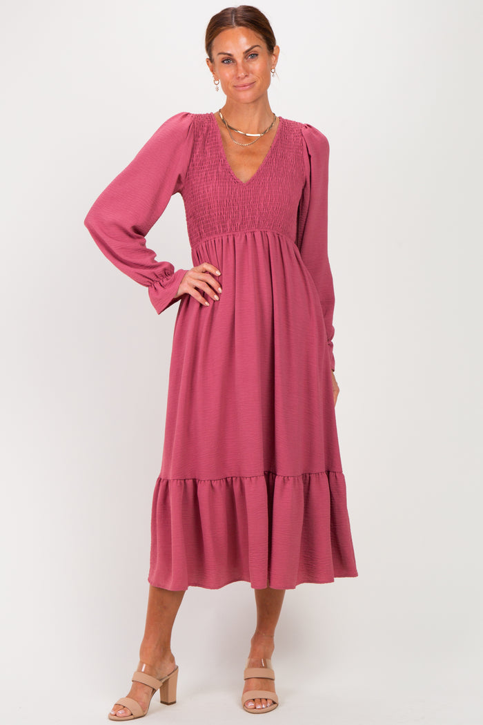 Mauve Smocked Top Long Sleeve Ruffle Hem Maternity Midi Dress