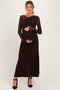 Dark Brown Draped Neckline Mesh Long Sleeve Maternity Midi Dress