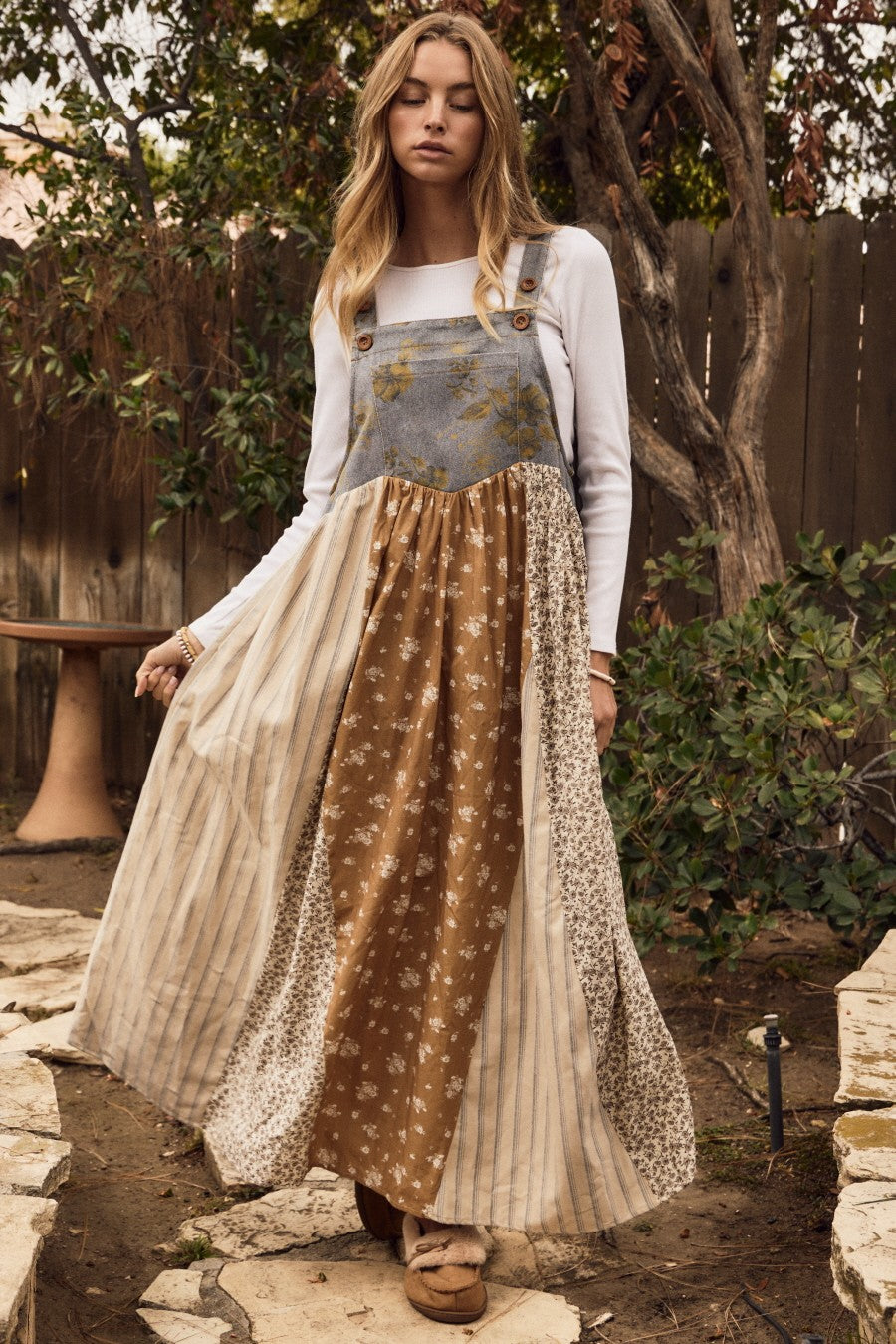 Washed Denim Mixed Floral Overall Maxi Dress