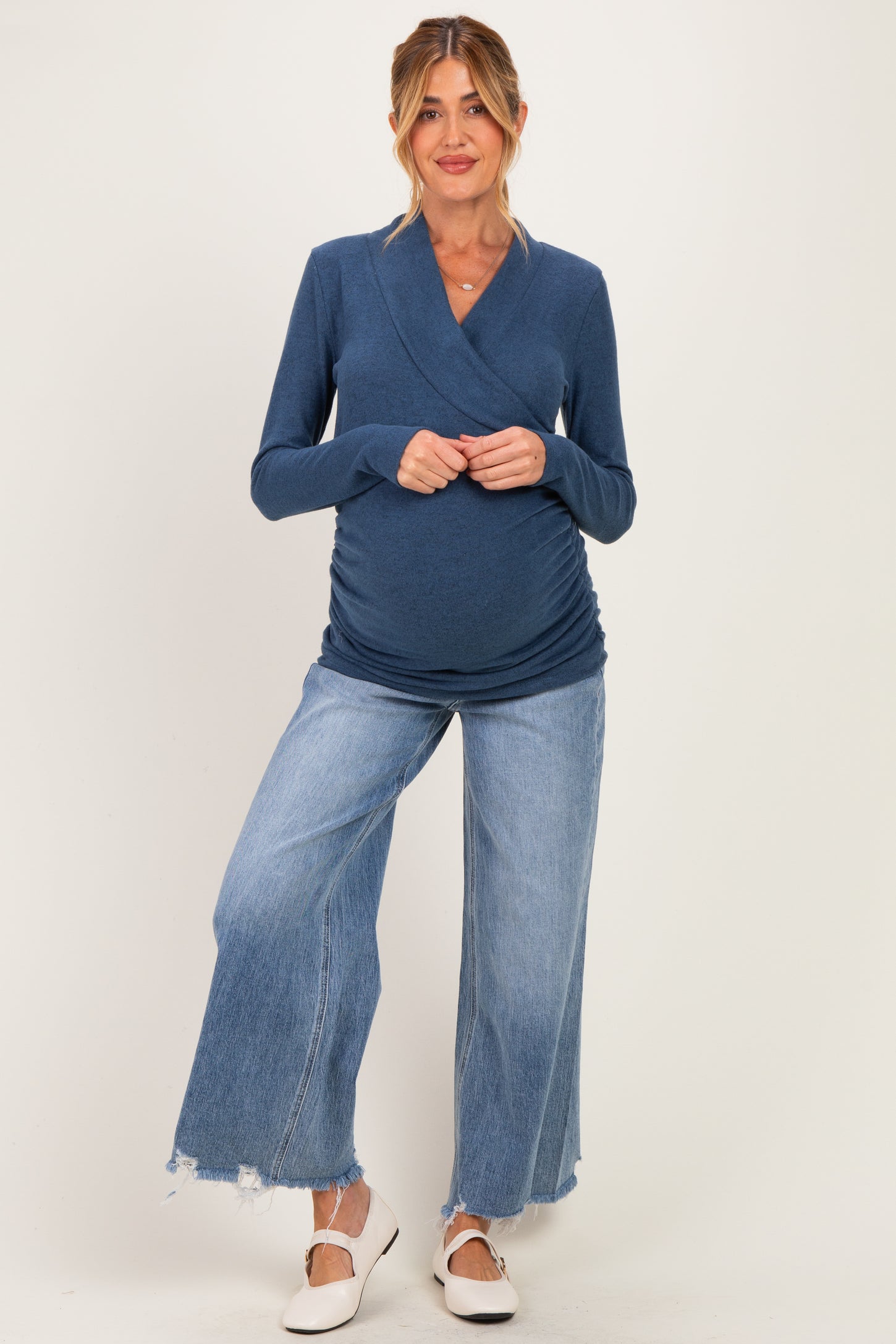Navy Soft Heathered Draped Wrap Maternity/Nursing Top