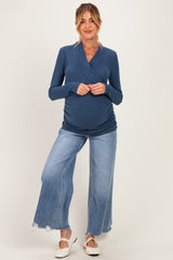 Navy Soft Heathered Draped Wrap Maternity/Nursing Top