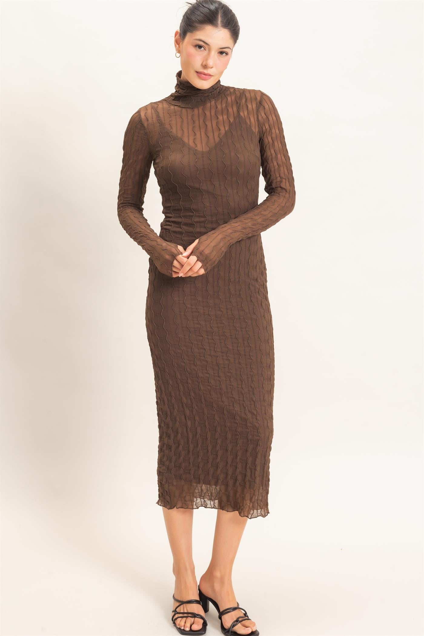 mesh knit dress Brown Ribbed Midi – PinkBlush STYLE: 638 The Spring Summer 2026 Topshop viscose blouson halter Coat Size:42 XL