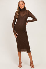 Brown Ribbed Mesh Knit Maternity Midi Dress