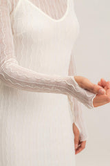 Cream Ribbed Mesh Knit Midi Dress