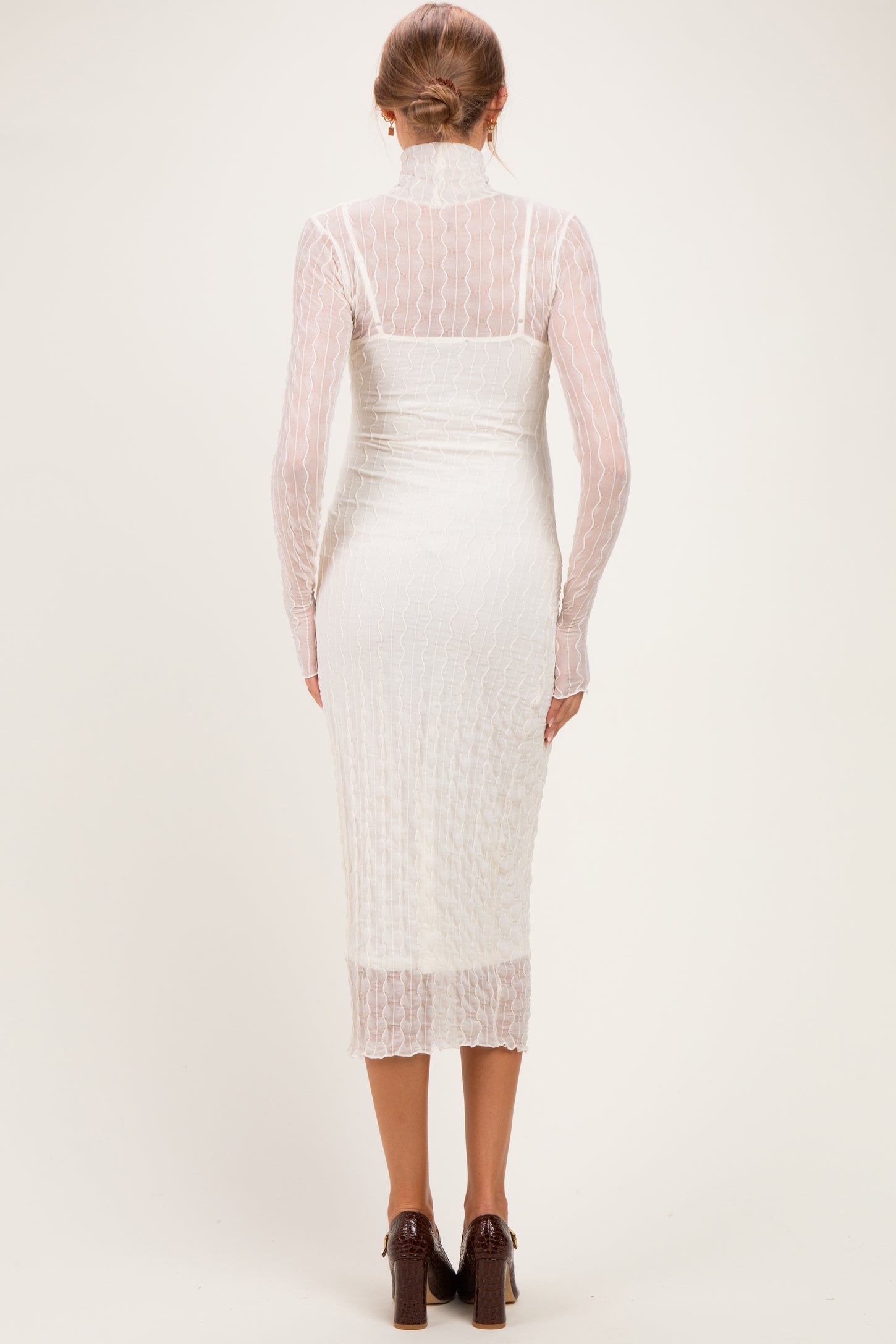 Cream Ribbed Mesh Knit Maternity Midi Dress