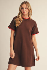Brown Contrast Ruffle T-Shirt Dress