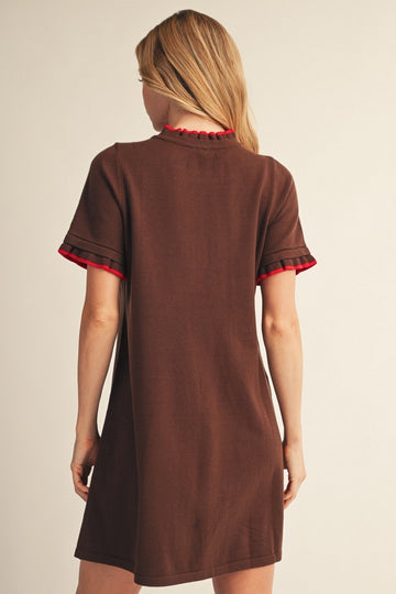 Brown Contrast Ruffle T-Shirt Dress